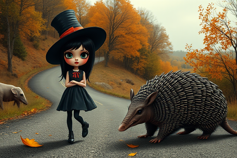 digital art fantasy depicting a strange girl with black hair, long eyelashes, orange lipstick and a tall hat walking along a winding road on an autumn afternoon, an armadillo smiles as he passes