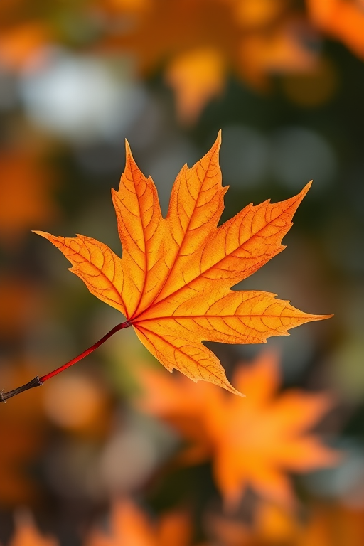 Capture a vibrant, high-resolution image of an orange maple leaf with a shallow depth of field, using a DSLR camera, 50mm lens, f/2.8 aperture, ISO 100, natural lighting, and centered composition.
