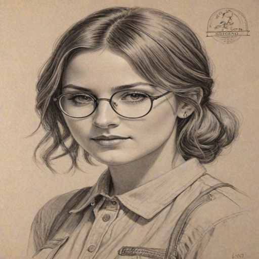 Enchanting Scout Taylor-Compton, pencil sketch, portrait of Comely woman 1935s in glasses, hair style beatnik, outline, clear lines, fine lines, 8k