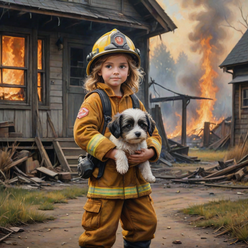airbrushed oil painting, pixar style, cute little girl in fireman gear, helmet, tousled hair, expressive eyes, standing in the doorstep of a cottage burning behind him, holding a cute little dog in her arm, atumn sky