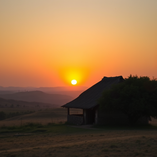 A serene sunset landscape featuring a rustic hut with thatched roof, surrounded by soft rolling hills and a subtle foreground with a large tree, captured using a DSLR camera, 50mm lens, f/2.8 aperture, ISO 100, with a warm color palette for enhanced vibrancy.
