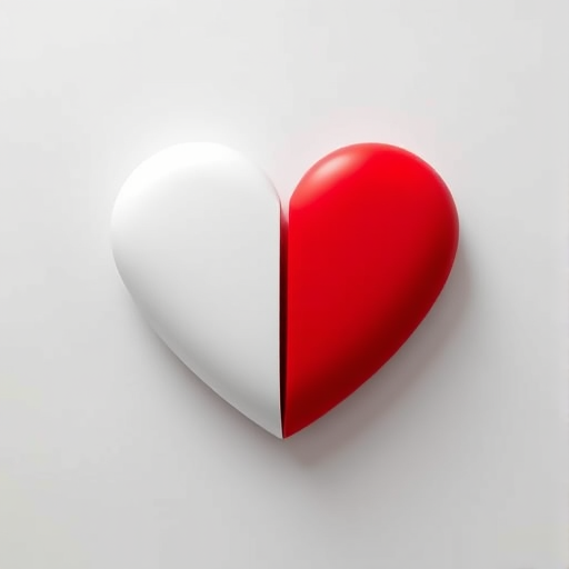 Create a high-resolution image of a heart shape split horizontally, the top half white and the bottom half red, using a Canon EOS R5 camera, 50mm lens, f/2.8 aperture, 1/125 shutter speed, in a studio setting with soft lighting to enhance details and colors.