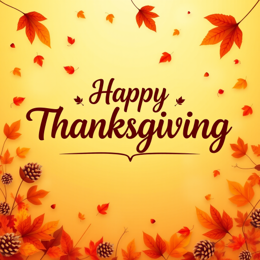 Create a warm and festive autumn-themed image with a gradient background of orange and yellow hues. Include a variety of falling leaves in shades of red, orange, and brown. In the center, display the text "Happy Thanksgiving" in a stylish and inviting font, using a dark brown color for contrast. Add subtle decorative elements like pine cones and additional leaves for a cozy, seasonal feel.