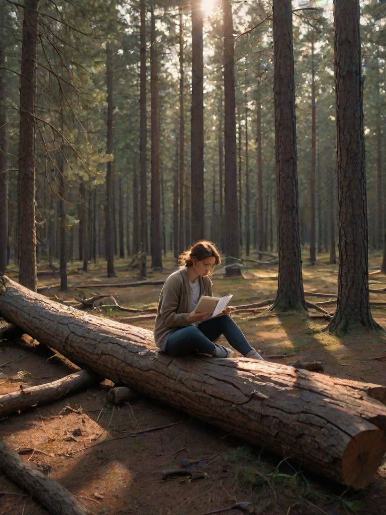 Serene forest clearing at dusk, with tall pine trees surrounding the area, a woman sits on a large fallen log, sketching in her notebook as the last rays of sunlight filter through the branches.