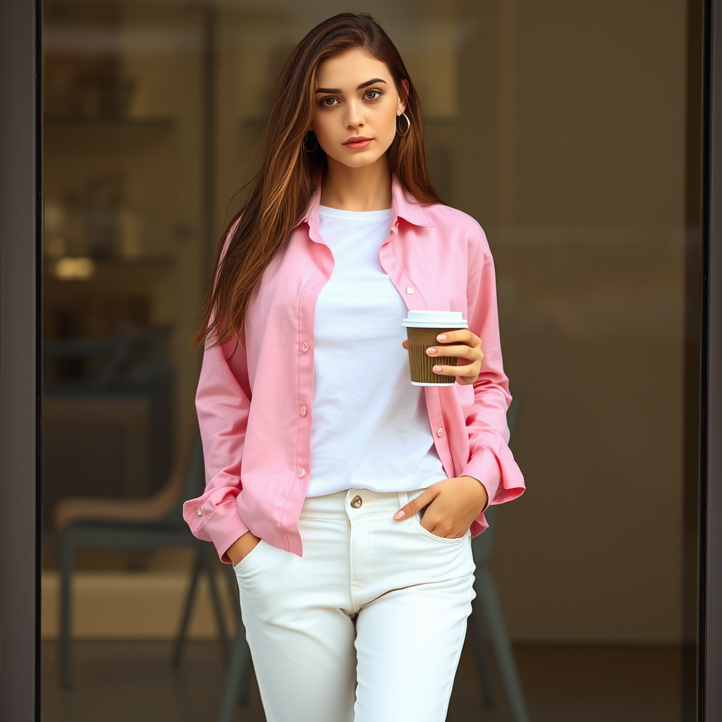 A young woman with long brown hair stands with her back against a glass door, wearing a pink button-down shirt over a white T-shirt and white pants, holding a cup of coffee in her right hand. The woman is looking directly at the viewer, her expression is neutral. Her right hand is tucked into the pocket of her pants while her left hand holds the coffee cup. The lighting is soft and natural, highlighting her features. The background is blurred, with the focus on the woman. The photo is taken from a slightly elevated perspective, showcasing the woman's full figure.