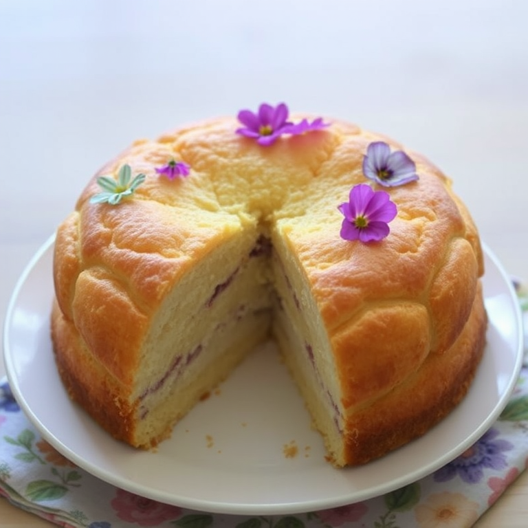 A beautifully baked fluffy cake with a golden brown crust partially sliced showing its soft interior decorated with edible flowers on a white plate with a colorful napkin underneath.