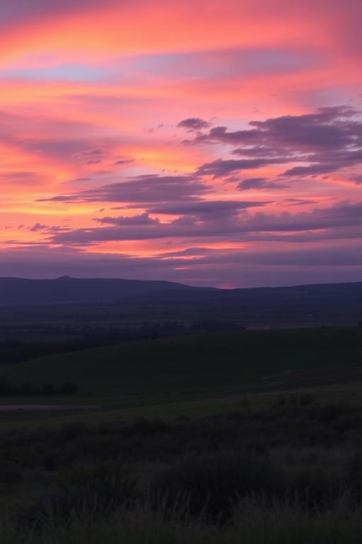 Create a high-resolution image of a serene landscape during sunset, with vibrant colors in the sky, using a 24mm lens, f/8 aperture, ISO 100, 1/125 sec shutter speed, taken from a wide-angle view with a DSLR camera.