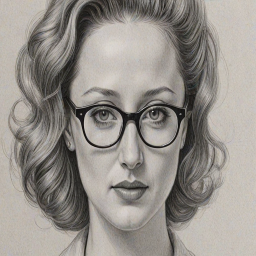 Appealing Andrea Riseborough, pencil sketch, portrait of Exquisite woman 1946s in glasses, hair style beatnik, outline, clear lines, fine lines, 8k