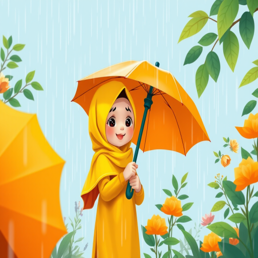 Create a vibrant digital illustration of a child in a yellow hijab holding an orange umbrella, standing in the rain with a playful expression, surrounded by green foliage and a light blue background, using a digital art style with a resolution of 300 DPI, a focal length of 35mm, and soft lighting to enhance the color contrast and detail.