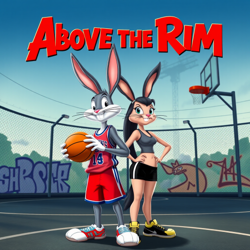 Design an Above the Rim poster featuring Bugs Bunny as Kyle and Lola Bunny as Shep. Bugs is dressed in a basketball jersey and shorts, holding a basketball with a confident expression, while Lola stands beside him in athletic gear, looking determined. The background features an urban basketball court with a wire fence, streetlights, and graffiti. The title "Above the Rim" appears in bold red letters at the top, keeping the original street basketball vibe