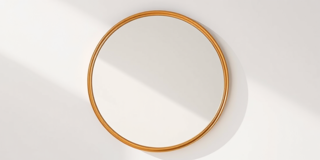 Create a realistic high-resolution image of a round mirror with a gold frame, shot using a DSLR camera with a 50mm lens at f/2.8, ISO 100, in natural daylight from a frontal view.