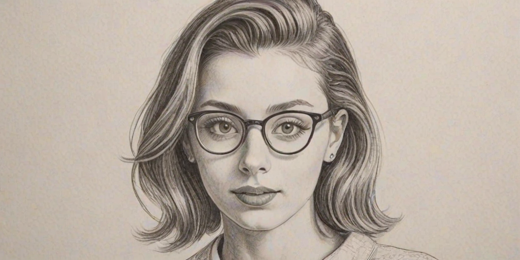 Fetching Emma Chamberlain, pencil sketch, portrait of Attractive woman 1961s in glasses, hair style beatnik, outline, clear lines, fine lines, 8k