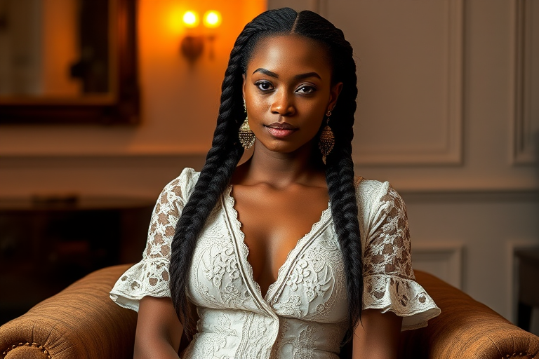 Create a portrait of a refined and elegant Zambo woman seated in a sophisticated setting. She has long, wavy hair styled in two thick braids that are pulled over her shoulders. She wears a white, lace gown with intricate patterns, featuring a deep V-neckline and short sleeves. The dress exudes a vintage charm with its delicate lacework. She is adorned with ornate, dangling earrings that add a touch of glamour to her appearance. The background is softly lit, with warm, ambient lighting that creates a cozy and inviting atmosphere. Her expression is poised and serene, capturing a sense of grace and elegance.