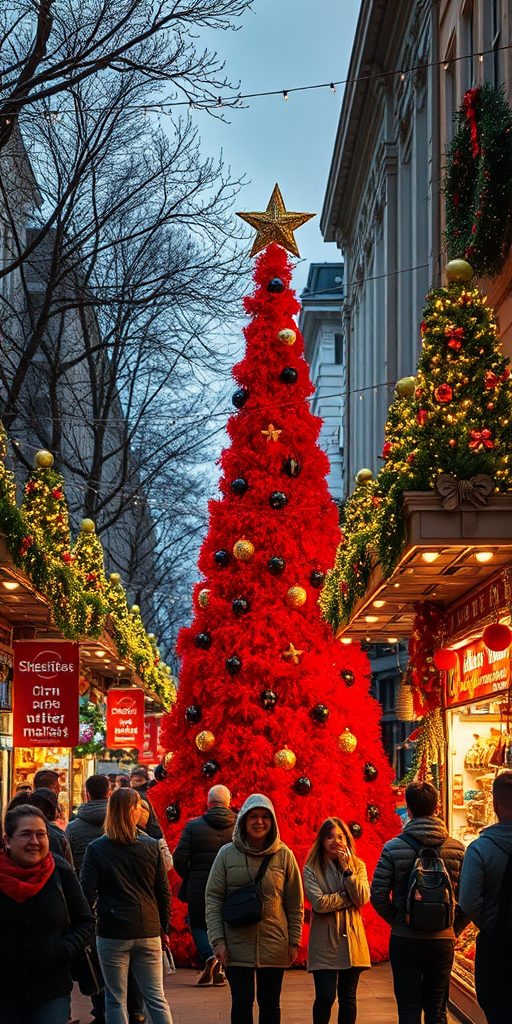 Generate an image of a vibrant market scene during the holiday season. The focal point is a large, decorative Christmas tree made of red tinsel, adorned with a star on top. Surrounding the tree, colorful stalls are filled with festive decorations and gifts. People are gathered, enjoying the festive atmosphere, with some shopping and others taking photos. The street is lively and decorated with strings of lights, creating a cheerful and warm ambiance.