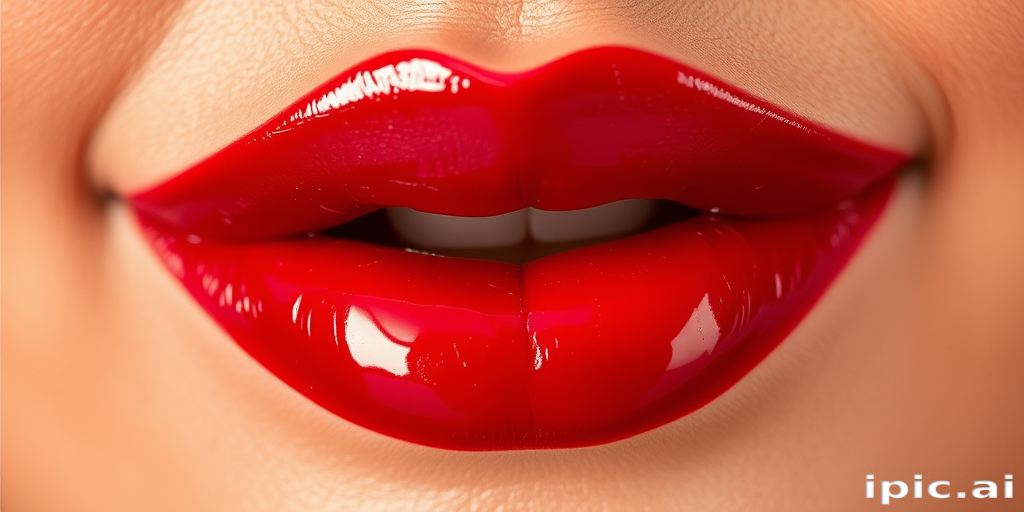 Luscious ruby red lips with a glossy finish, plump and full, exuding sensuality and elegance, perfectly shaped with a defined Cupid's bow, reflecting light for a glamorous appearance