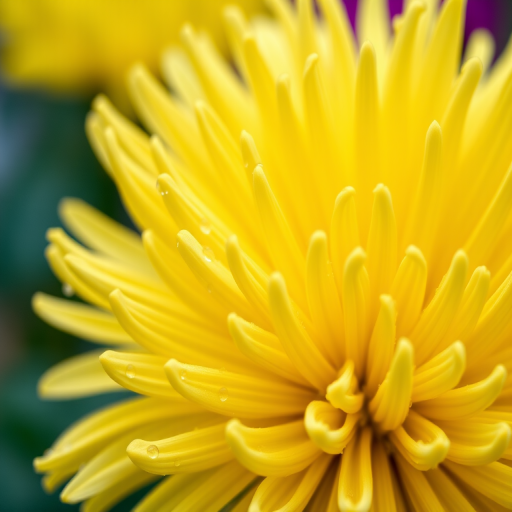 Close-up of a yellow chrysanthemum flower with delicate, elongated petals, droplets of water on the petals, blurred colorful background, taken with a Canon EOS 5D Mark IV, 105mm lens, aperture f/2.8, ISO 100, 1/200 sec, natural lighting.