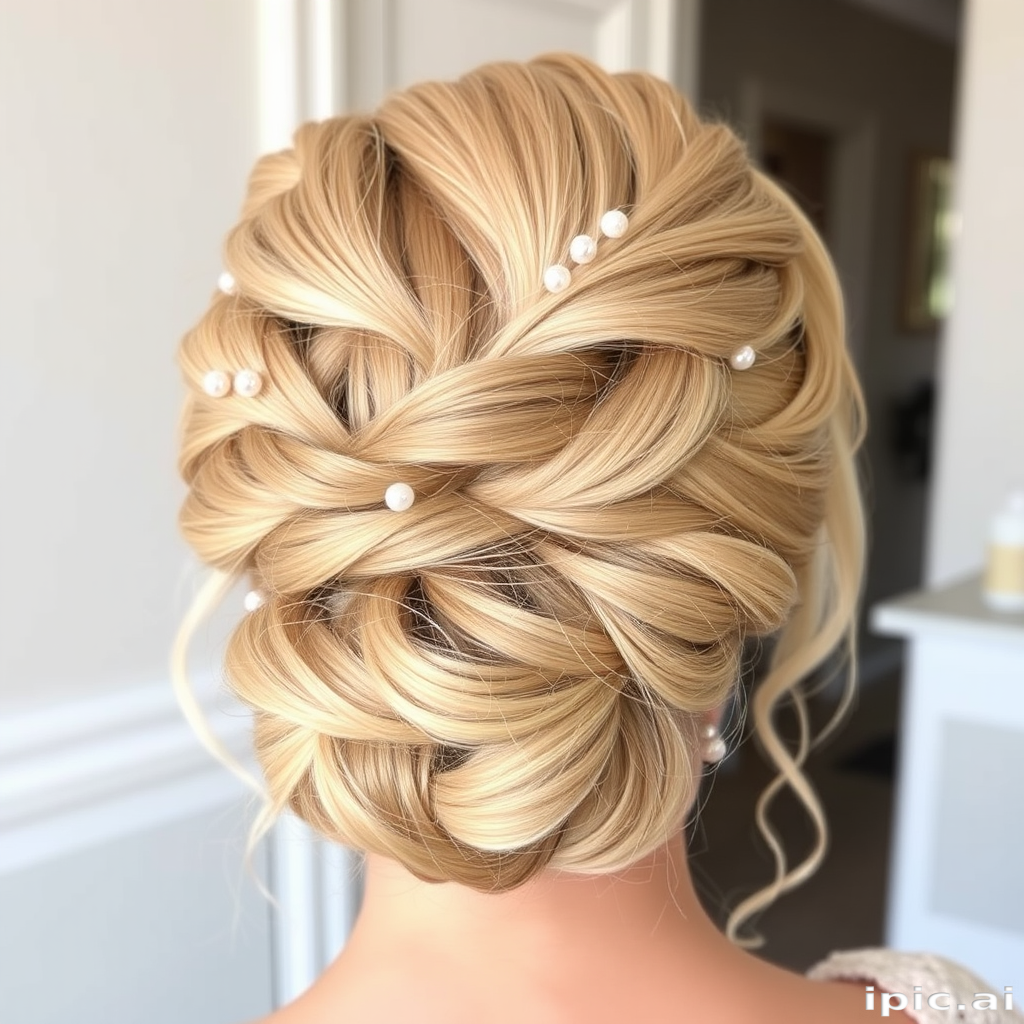 Gilded Champagne Shimmer boasts a luxurious blend of pale gold and warm beige tones, styled in an intricate updo with delicate braided details and pearl accents