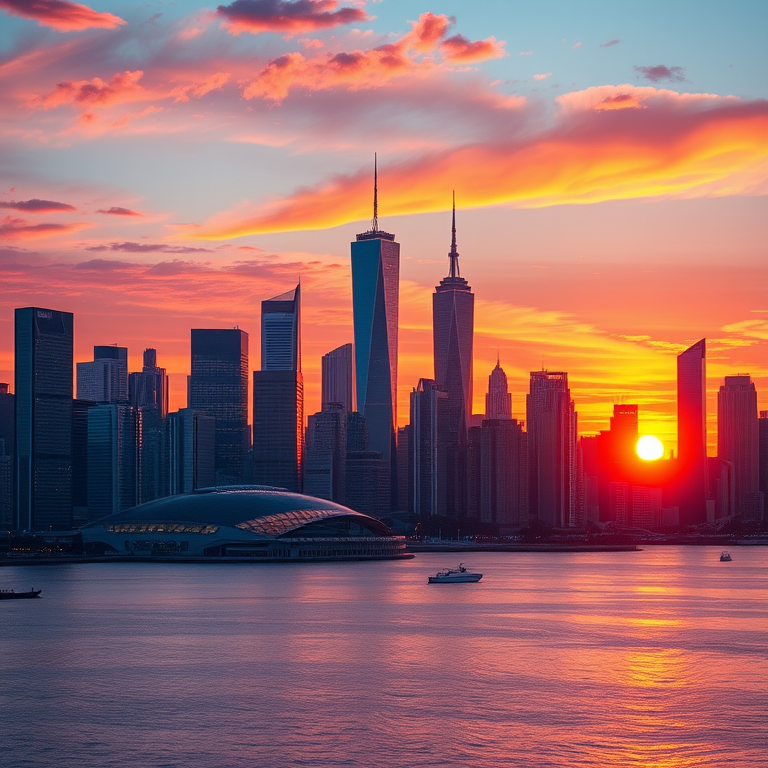 Create a high-resolution digital artwork of a futuristic city skyline at sunset with vibrant colors, using a DSLR camera at 50mm focal length, aperture f/8, ISO 100, and a wide-angle view to capture the skyline in sharp detail and depth.