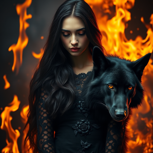 A woman with long dark hair, wearing a black lace dress that seamlessly blends into her skin with intricate floral patterns. She is in the foreground, with a black wolf beside her; its fur is midnight black, and it has glowing, intense, orange eyes that match hers. Her eyes are partially closed with burning embers above them, giving a fiery and mystical aura. The background is engulfed in tall, roaring flames, contributing to an overall dark and supernatural atmosphere. The colors are intense, predominantly black, fiery orange, and deep reds, with sharp contrast highlighting the mysterious and fierce theme. The flames are bright and dynamic, casting dramatic light and shadow, illuminating the woman and wolf while leaving parts in near darkness. The image evokes a sense of otherworldly power and connection between the woman and the wolf.