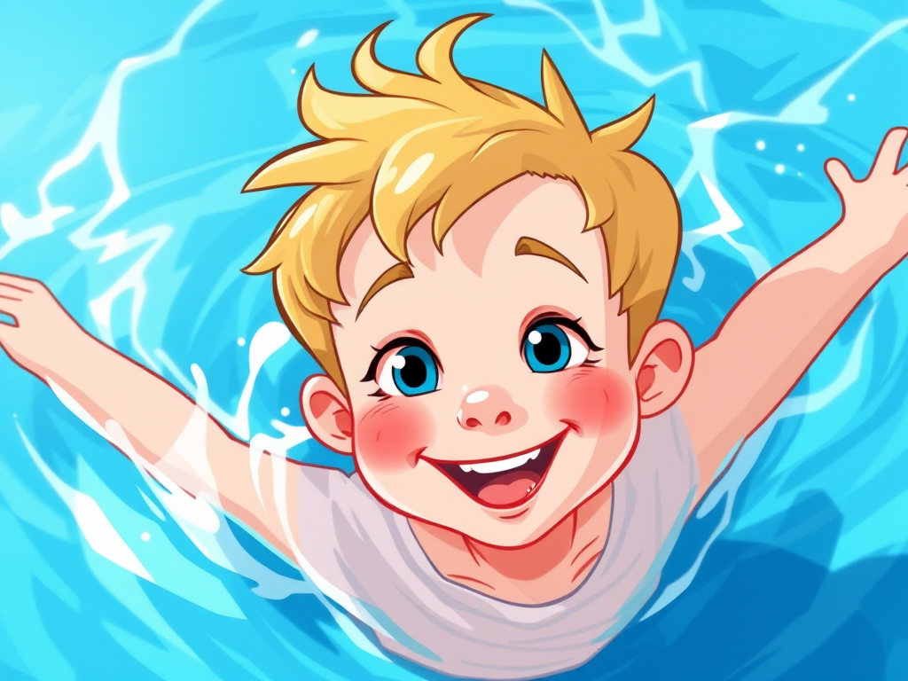 Create an illustration of a cheerful young boy with blonde hair swimming in bright blue water, using a digital art style with high contrast colors, in a 2D cartoon format; settings: ISO 200, f/8, 1/100s, 24mm lens, soft light, centered view.