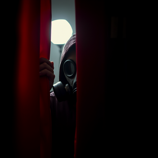 Regenerate the image of a figure in a gas mask peering from behind red curtains in a dimly lit setting using a DSLR camera, 50mm lens, aperture f/2.8, ISO 100, f/4 shutter speed, high dynamic range style, shallow depth of field, and low key lighting.