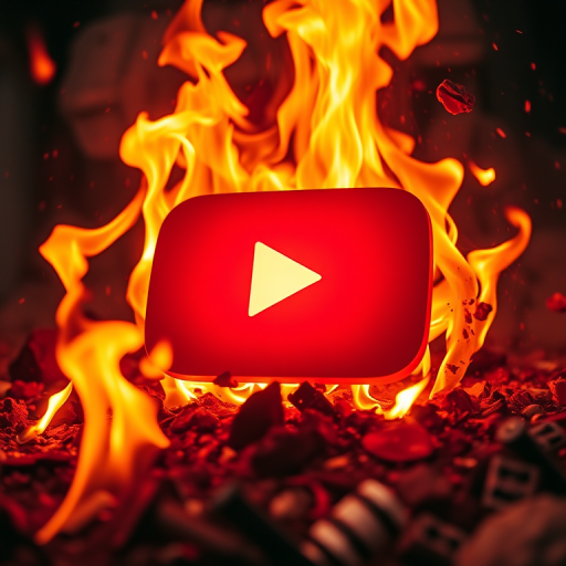Create an image of a glowing YouTube play button surrounded by vibrant flames and debris, captured with a DSLR camera at f/2.8, ISO 100, shutter speed 1/200s, using a wide-angle lens and a low-angle perspective to enhance the dramatic effect and colors.