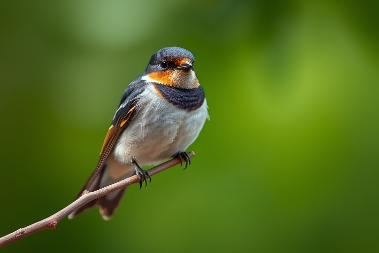 Capture a close-up of a swallow perched on a thin branch with a soft blurred green background, using a DSLR camera at f/2.8, ISO 200, 1/250s, with a 100mm macro lens for enhanced detail and shallow depth of field.