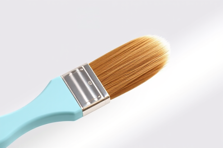 Create a high-resolution illustration of a paintbrush with a brown bristle and a light blue handle, captured from a slightly tilted angle using a DSLR camera with a 50mm lens, aperture set to f/2.8, ISO 100, and soft natural lighting for enhanced detail and depth.