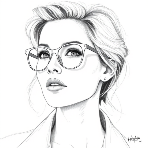 Beautiful Charlize Theron, pencil sketch, portrait of beautiful woman 60s in glasses, hair style beatnik, outline, clear lines, fine lines, 8k