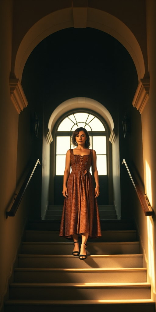 Generate an image of a woman in a vintage outfit standing on a staircase in a dimly lit hallway with arched architecture, using a full-frame camera at f/1.8, ISO 100, with a 50mm lens, capturing a warm golden light and soft shadows for a dramatic effect.