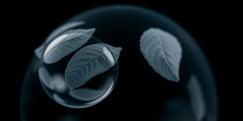 macro photograph of a soap bubble containing leaf patterns, with a dark background, captured with a Canon EOS R5, 100mm f/2.8L macro lens, f/16 aperture, ISO 100, 1/200 sec shutter speed, soft diffused lighting for enhanced detail and contrast