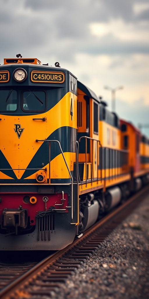 Create a high-resolution image of a vintage yellow and black train from the Rio Grande line, shot with a Canon EOS R5 at 50mm f/1.8, with a shallow depth of field and a soft pastel watercolor effect, emphasizing the train's details against a blurred background.