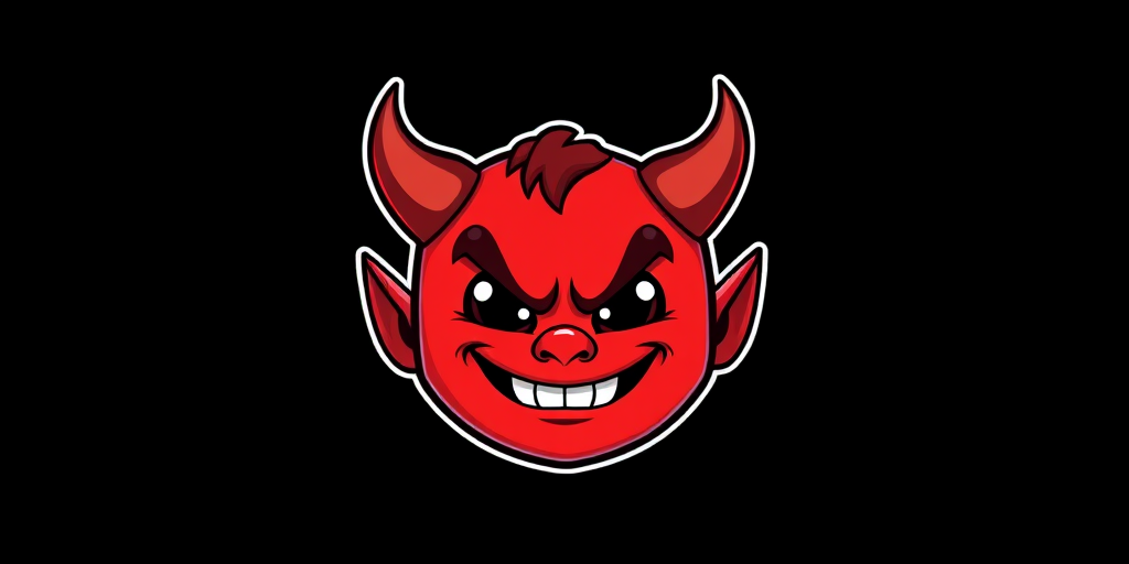 Create a high-resolution vector graphic of a cartoon devil emoji with exaggerated features, using a Canon EOS 5D Mark IV camera, 50mm lens, f/2.8 aperture, 1/200 sec shutter speed, and a vibrant red color palette against a simple black background.