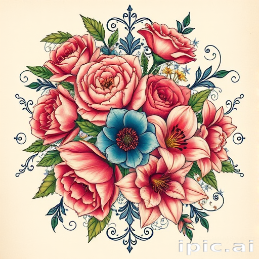 Neotraditional tattoo titled "Floral Reverie" depicting a lush arrangement of vibrant roses, peonies, and lilies intertwined with ornate filigree designs, distinguished by its bold outlines and rich color palette