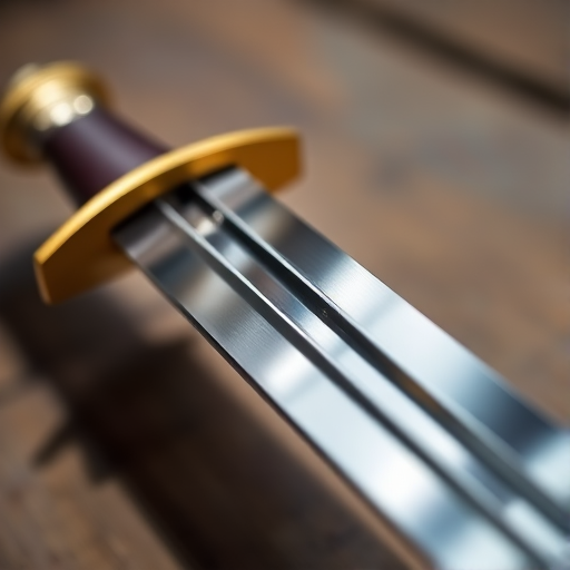Create a high-resolution image of a sabre with a polished blade and a gold-accented hilt, using a DSLR camera with a 50mm lens, aperture f/1.8, ISO 100, natural lighting, and a shallow depth of field to enhance the details and reflections on the blade.