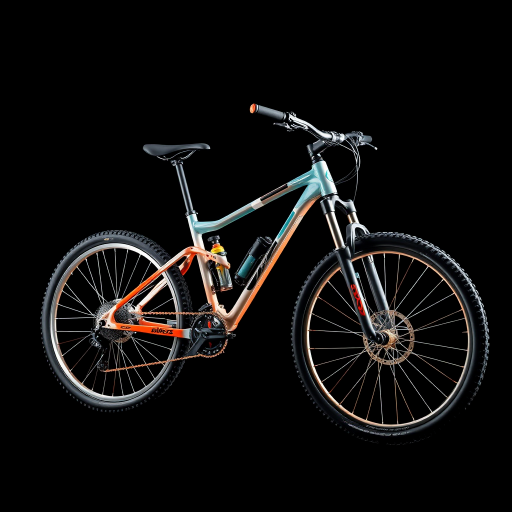 Create an x-ray style image of a mountain bike with a black background, using a DSLR camera with a 50mm lens, aperture f/2.8, ISO 100, and a shutter speed of 1/250 sec, capturing a low-angle view to emphasize the bike's structure and details.