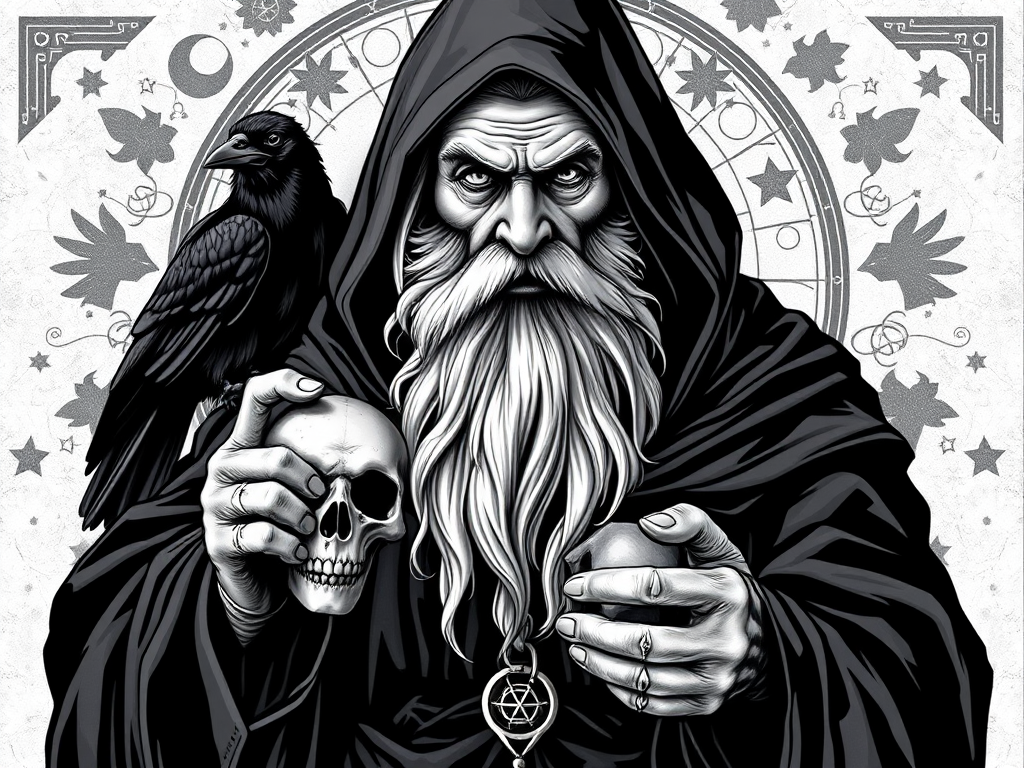 Create a detailed black and white illustration of an old wizard with a long beard wearing a dark hooded robe, surrounded by mystical symbols and two ravens perched on his shoulders, holding a skull in one hand and pointing with the other, captured with a Canon EOS R5, 85mm f/1.2 lens, ISO 100, aperture f/4.0, shutter speed 1/125s, soft diffused lighting for enhanced texture and depth.