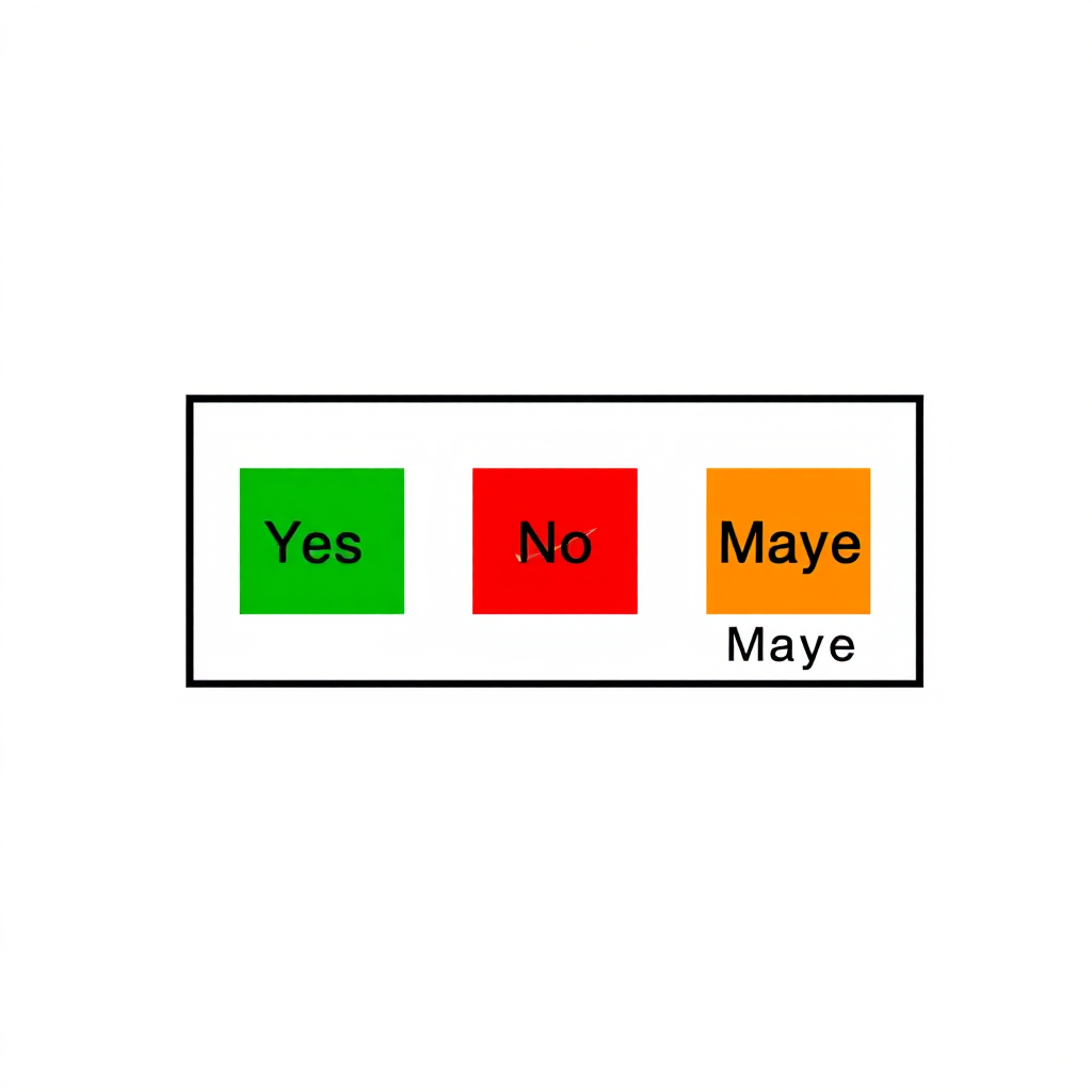 Create a high-resolution image of a voting selection screen with three boxes labeled Yes (green), No (red), and Maybe (orange), with a checkmark on the Maybe box, using a DSLR camera with a 50mm lens, aperture set to f/2.8, ISO 100, soft lighting, and a slightly overhead view for depth.