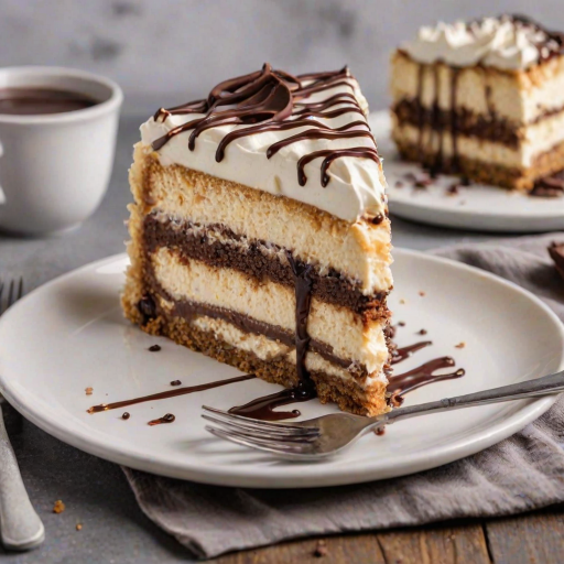 Create an image of a slice of layered dessert on a white plate. The dessert should have a creamy topping, chocolate drizzle, and decorative swirls. Include a fork beside the plate, and ensure the background is simple and light to highlight the dessert.