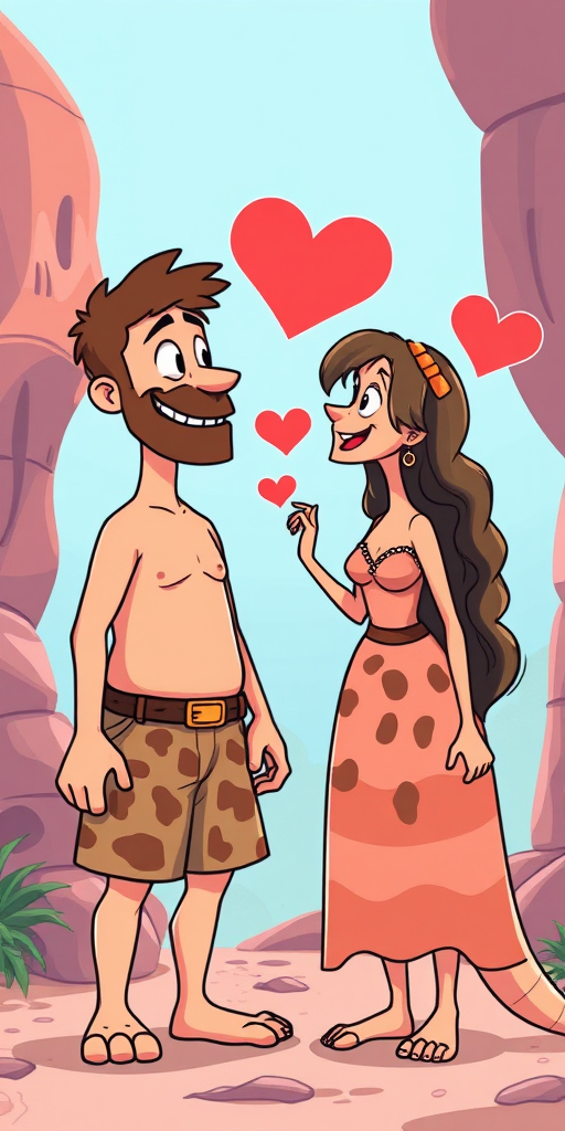 Create a vibrant animated cartoon scene with a split view of a prehistoric couple, featuring the man in leopard print shorts and the woman in a classic stone-age dress, expressing love with heart-shaped speech bubbles in a lighthearted manner, captured with a DSLR camera at f/2.8 aperture, ISO 100, 50mm lens, in a vivid color style and well-lit background to enhance image quality.