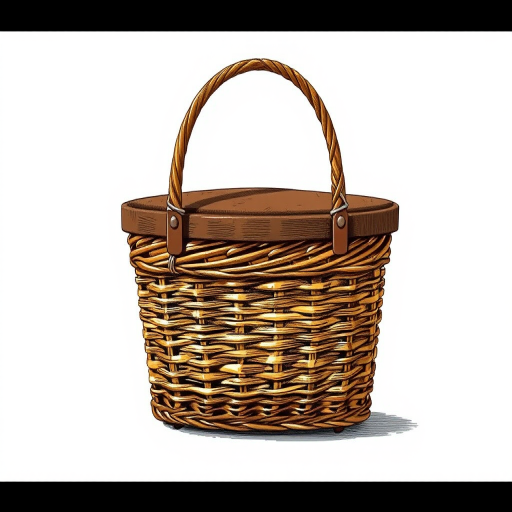 Generate a detailed illustration of a picnic basket with a brown lid, woven texture, and wooden handles, using a DSLR camera with a 50mm lens, f/2.8 aperture, ISO 100, and a soft-focus background for enhanced detail.