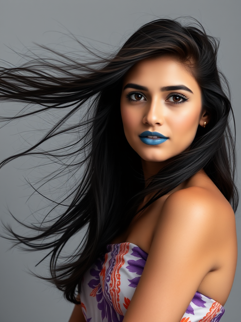 Photographic image of a beautiful young Pakistani woman, brown eyes, lips with blue lipstick, long hair fluttering in the wind and wearing a silk strapless dress with a soft purple and orange print. monochrome image with only color highlights in the iris of the eyes, lipstick and dress. Gray background.