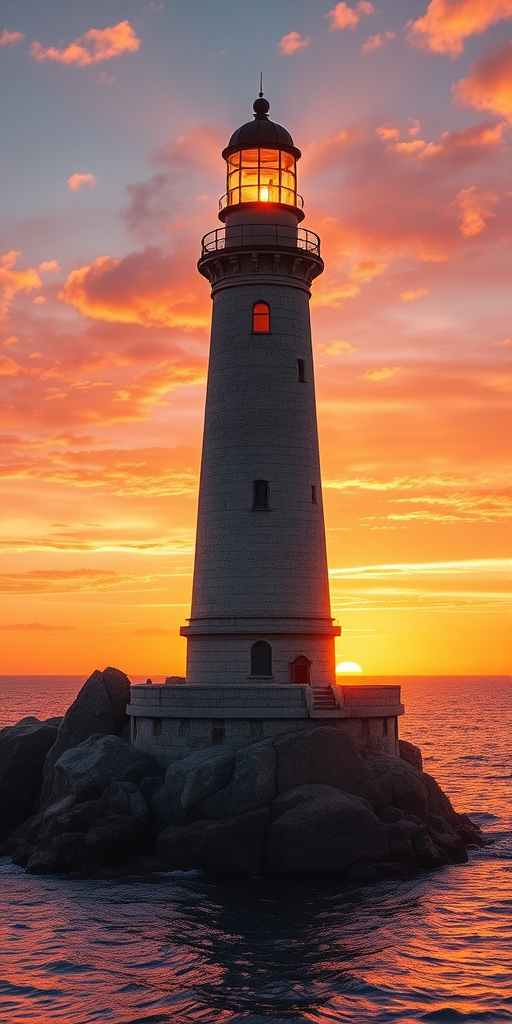 Generate an image of a tall lighthouse perched on a rocky outcrop surrounded by calm ocean waters during a breathtaking sunset. The lighthouse stands sturdy and weathered, its stone surface illuminated by the warm golden light of the setting sun. The sun's rays pass directly through the glass lantern room at the top of the lighthouse, casting a brilliant light across the scene. The sky is painted with vibrant shades of orange, pink, and purple, reflecting off the tranquil sea. The surrounding water shimmers with the same warm hues, creating a serene and majestic atmosphere.