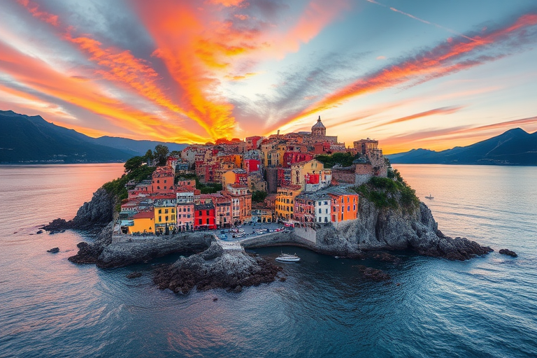 Capture a high-resolution image of a coastal town with colorful buildings along the waterfront, surrounded by mountains and water at sunset, using a DSLR camera with a 24mm lens, aperture f/8, ISO 200, and a slow shutter speed of 1/60 sec for enhanced detail and vibrancy.