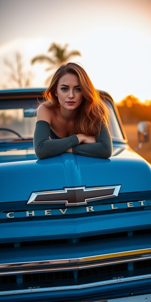 Portrait of a woman lounging on the hood of a classic blue Chevrolet truck during golden hour, low angle view, natural lighting, 50mm lens, f/1.8 aperture, ISO 200, soft focus background, cinematic style.