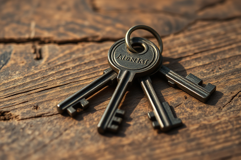 A close-up of a set of vintage keys resting on a rustic wooden surface, captured with a Canon EOS R5 at f/2.8, ISO 100, with a 50mm lens, in natural light, emphasizing texture and detail.