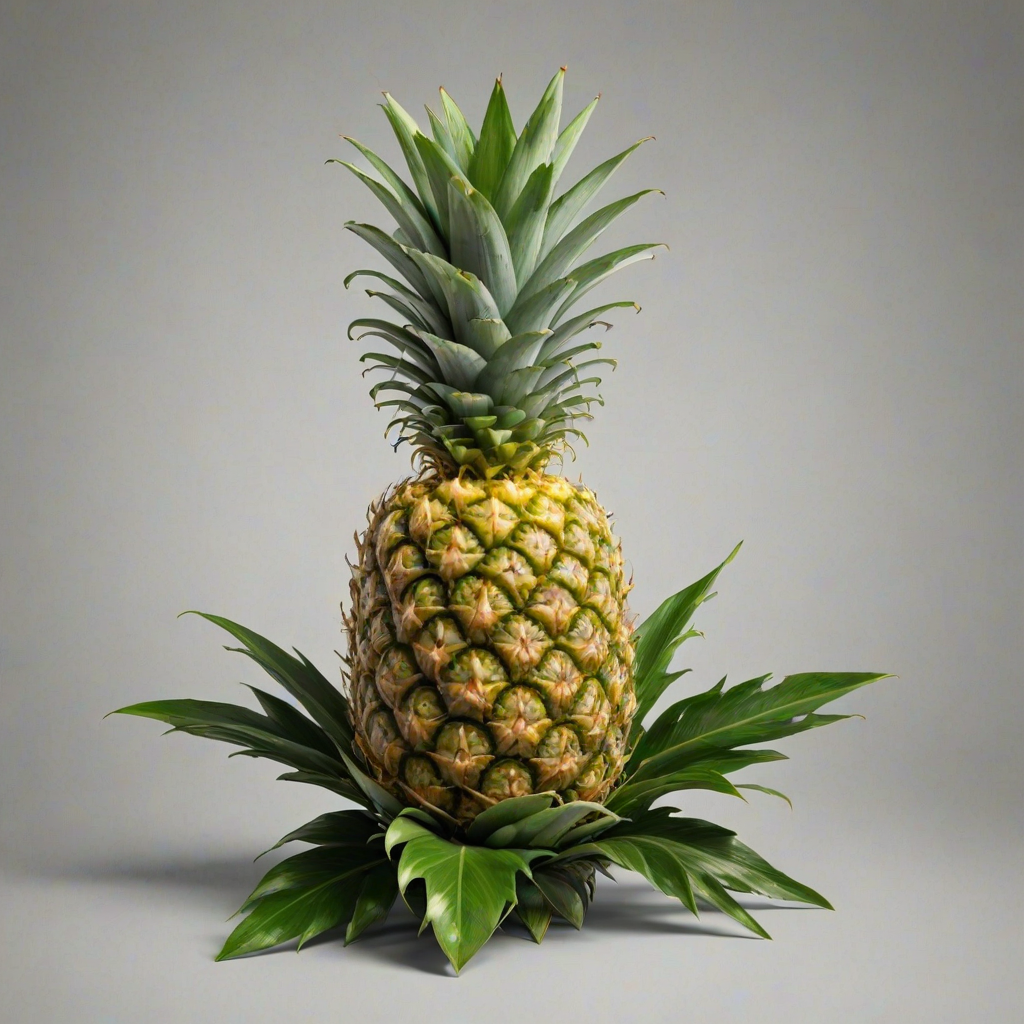 Create a realistic image of a ripe pineapple with vibrant green leaves and textured yellow skin, standing upright against a transparent background.