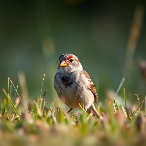 Capture a close-up of a sparrow in a grassy field, using a DSLR camera set to aperture f/2.8, ISO 200, shutter speed 1/500 sec, with a shallow depth of field, in natural light, focusing on the bird with a blurred background.