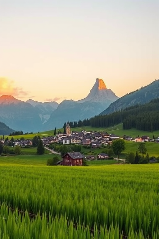 Generate a lush landscape image of a quaint village nestled in the mountains during golden hour, featuring vibrant green fields in the foreground, soft pastel skies, and a majestic peak with light clouds in the background, using a Canon EOS R5 with an 24-70mm f/2.8 lens, aperture set to f/8, ISO 100, and a shutter speed of 1/125s for enhanced clarity and detail.
