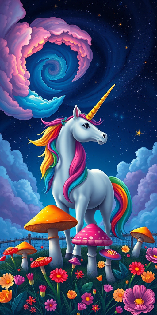 a vibrant unicorn with a rainbow mane standing amidst colorful mushrooms and flowers, magical swirling clouds in the background, night sky filled with stars, high dynamic range, ISO 200, f/2.8 aperture, 50mm lens, portrait orientation, digital art style